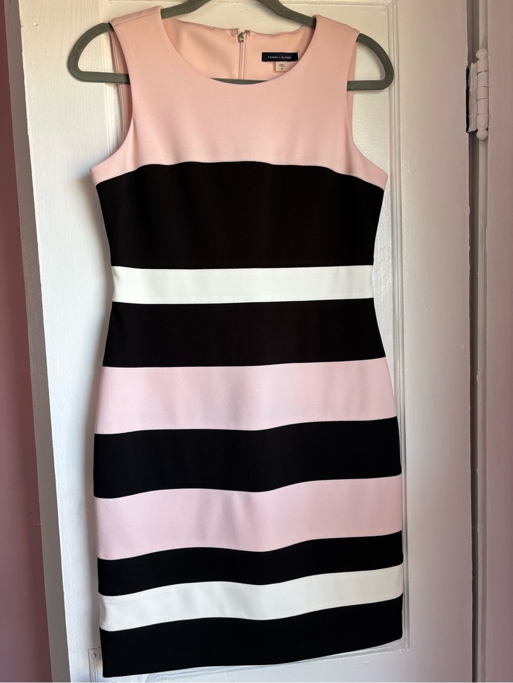 NWT Tommy Hilfiger Colorblock Striped Scuba Sheath Dress Pink Black White 8P